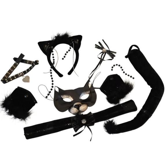 Sexy Kitty Black Cat Vixen Costume Accessory Set 8 Pieces EUC - Picture 1 of 8